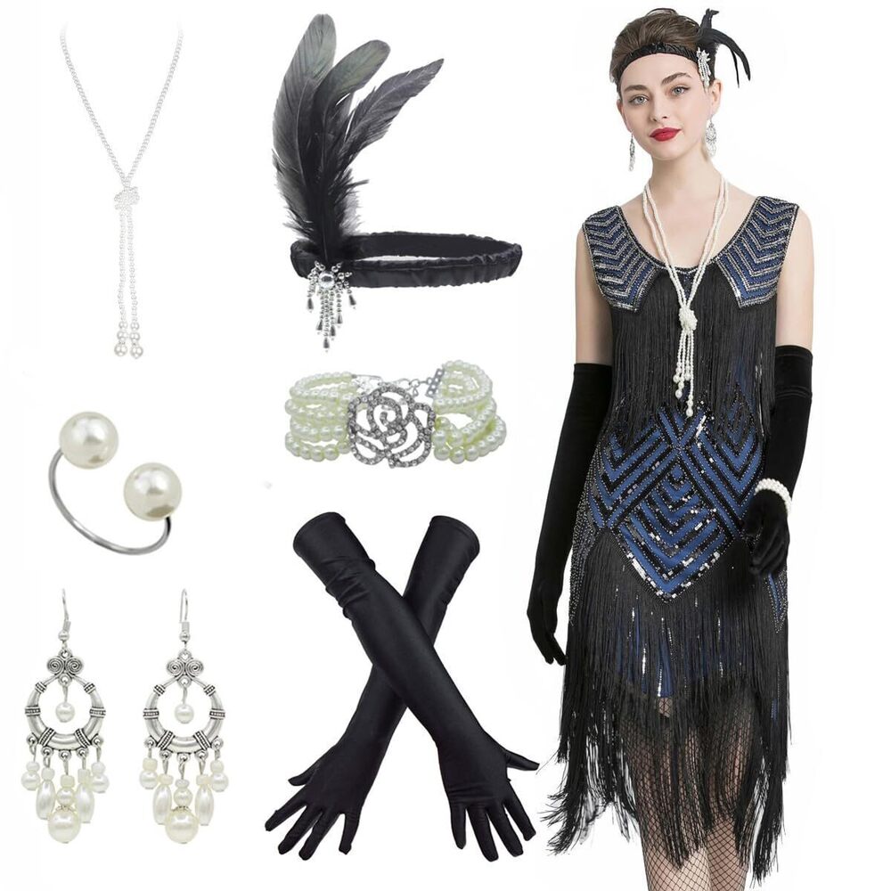 8900 1920s Sequin Beaded Tassels Hem Flapper Dress with 20s Headband